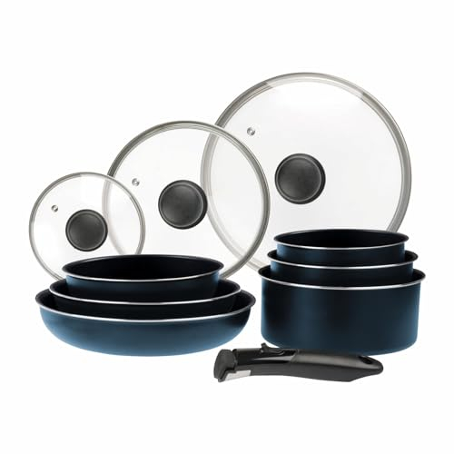 Sitram 714251 - Set di pentole in alluminio blu, 10 pezzi, manico rimovibile, 3 padelle Ø 20,24,5 cm, 3 pentole Ø 16,18 cm, 3 coperchi in vetro diametro 16,20 cm, adatto a tutti