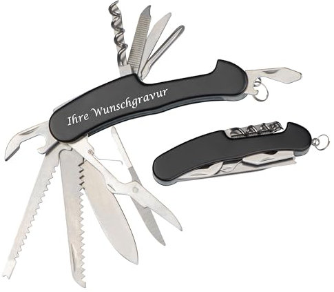 Taschenmesser mit Gravur / aus Edelstahl / 14tlg mit Dosenöffner, Schere, Messer