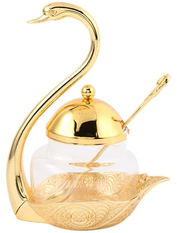 Azucarero Retro con Tapa, azucarero en Forma de Cisne, azucarero con Tapa y Cuchara, Tarro de Especias de Vidrio Tallado en Hierro, Accesorios para salero para Cocina, cerámica Dorada (Vidrio Dorado)