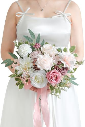 Koroni Flowers Künstlicher Brautstrauß, 27,9 cm, Hochzeit, Braut, Brautjungfer, Wurfsträuße, Blume für Hochzeitszeremonie, Jahrestag, Brautparty und Heimparty-Dekoration, Altrosa