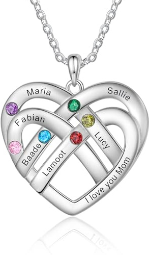 lorajewel Kette Damen Personalisierte Halskette mit Namen Geburtsstein Kette Silber Personalisiertes Geschenk für Mama Oma Geburtstag Muttertag (6 NAME)