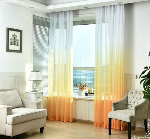 Homxi Vorhänge Wohnzimmer Durchsichtig 2er Set,2 x 137W x 214H cm,Gardinen Transparent Voile Orange Verlaufsfarbe Gardinenband Haken