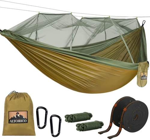 Ultraleichte Moskitonetz Hängematte, 300x200cm 2 Personen Camping Hängematte 300kg Schnell Trocknende, Atmungsaktive Outdoor Hängematte Nylon-Ripstop Fallschirm für Camping Trekking Garten, Grün
