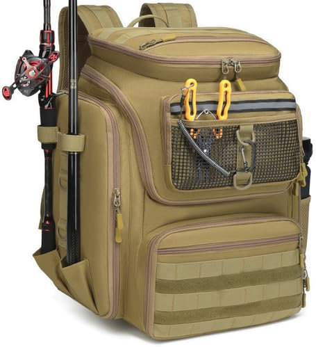 BlesMaller Angelrucksack mit Rutenhaltern 45L große Angeltasche wasserabweisend Angelausrüstung Rucksack für Angeln Wandern Camping Trekking