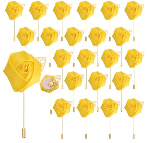 QUARKZMAN 24 Stück Gelbe Rosen Ansteckblumen Knopflöcher Taschenanstecker Pins für Hochzeitszeremonie Jubiläum Abschlussball Formelles Abendessen Party