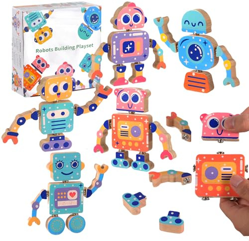 Hdsahdok Wooden Snap Together Building Toys, STEM Blocks Toys, 28 Pcs Robot Take Apart Toys Playset, Montessori Educational Fine Motor Skill Toy, Gift for 3 4 5 6 7 8 Years Old Kids