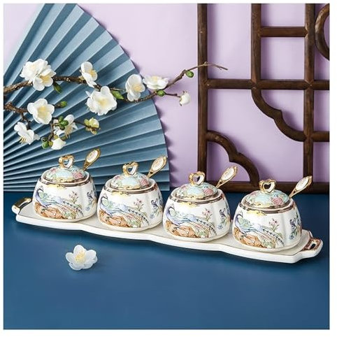Set Zuccheriera Utensili da Cucina Set Di Contenitori Per Condimenti In Ceramica Con Coperchio, Cucchiaio E Vassoio, Zuccheriera, Scatola Per Condimenti Da Cucina, Bottiglia Per Condimenti Per Salsa F