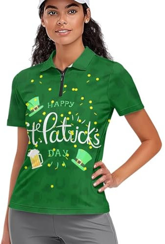 Belidome Damen-Golf-Shirts, Reißverschluss, lässig, Workout-Top, feuchtigkeitsableitend, leicht, Tennis, Yoga, Activewear, St. Patrick Day Mütze, L