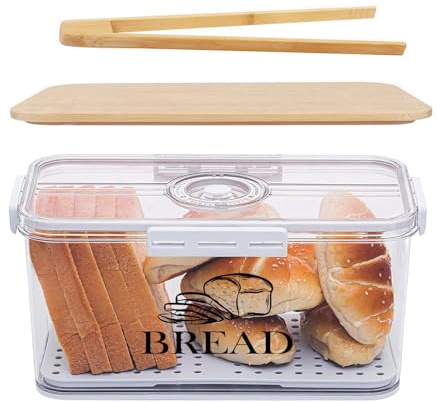 ZoeQide Brotbox Acryl 32 cm, Brotkasten mit Bambusdeckel für Küche Brot | Transparente Brotaufbewahrungsbox mit Bambusdeckel, Brot Clip und Zeitskala für Toast, Brötchen und kleine Brote in der Küche