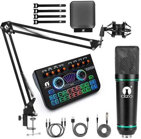 CEZO Microfono a condensatore professionale con scheda audio X3, set microfono a condensatore con microfono compatto Pop Shield, scheda audio dal vivo, supporto a braccio braccio, supporto antiurto