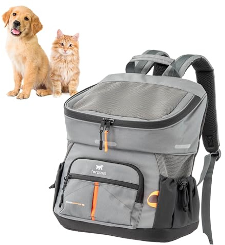 Ferplast Hunderucksack Voyager Backpack, Katzenrucksack, Hundetasche, Hundebox, Weite Öffnung, verstellbare Gurte, Sicherheitsgurt, mit Kissen, max. 10 kg, 29 x 21 x 36 H, Grau