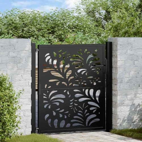 Homgoday Garden Gate, Steel Wave Design 105x106 cm Black Metal Heavy Duty Frame with Latch, for Outdoor Fence and Patio Security