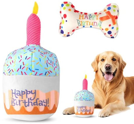 Hund Geburtstag Spielzeug, 2 Stück Hundespielzeug, Hundekuchen Geburtstag und Hundeknochen Spielzeug, Hundespielzeug Quietschend, Plüschspielzeug für Hunde mit Milchduft, Hunde Geburtstag Geschenk