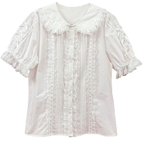 Cuteighteen Blouse Lolita Manches Courtes Col Claudine Chemisier Femmes Victorien Vintage Kawaii Mode Dentelle Mignonne Tops d'été, blanc, XX-Large