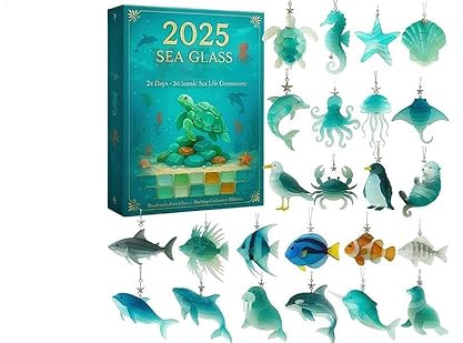 Calendrier De L'Avent Sea Glass Marine Life 2025, Cadeau Calendrier De L'Avent Enfant 24 Mini Sapins De NoëL En Acrylique Naturel 2D (A)