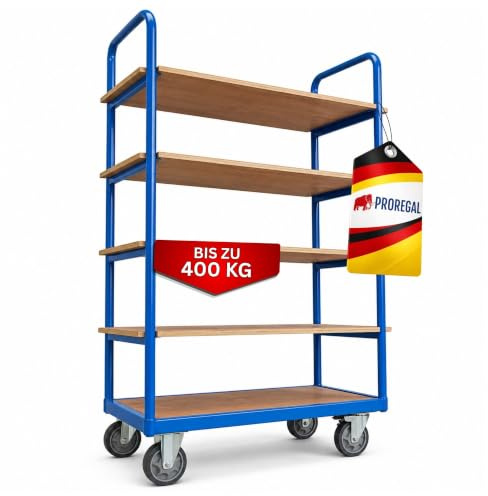 PROREGAL Profi Etagenwagen Kommissionierwagen Kommissionierregal Regalwagen mit 5 Etagen | HxBxT 186x111X50cm | Traglast 400 kg | 2X Lenkrollen mit Feststellbremse & 2X Bockrollen | Lichtblau