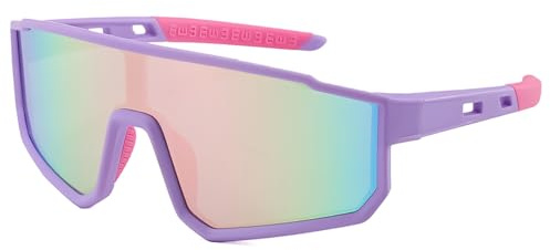 CIKJUK solglasögon barn snabba glasögon pojkar och flickor flexibel lätt ram cykelglasögon speglade sportglasögon UV400 skydd, Lila/rosa