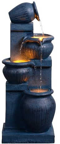 Teamson Home 72 cm Solar-Powered Outdoor Garden Fountain with Four Cascading Bowls, Integrated Led Lighting and Stone-Effect Finish, Navy