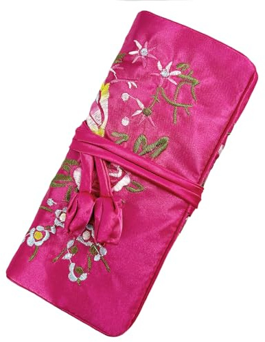 Wei Long Jewelry Roll, Travel Jewelry Roll Bag,Silk Embroidery Brocade Jewelry Organizer Case with Tie Close (Blossom, Hot Pink)