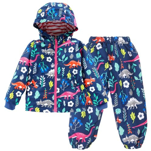LZH Bambini Impermeabile Ragazzi Giacca con Cappuccio Dinosauro Cappotto + Pantaloni Set