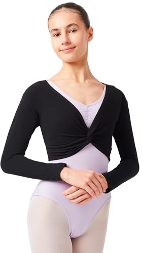 tanzmuster ® Ballettjacke Mädchen Langarm - Mia - aus sehr weichem Baumwollstoff Ballett Top zum Reinschlüpfen in schwarz, Größe 128/134