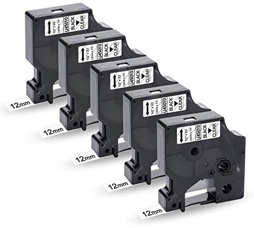 UniPlus 5x Kompatibel Etikettenband als Ersatz für D1 45010 Schriftbänder S0720500 Schwarz auf Transparent 12mm x 7m für LabelManager 160 280 360D 500TS 110 120P LabelWriter 450, 5er-Pack