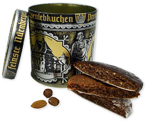 Lebkuchen - original Nürnberger Mandel Elisen-Lebkuchen - 45% Nussanteil - handgefertigte Qualität - prämierte Meisterhändler-Manufaktur (Dose Klassisch - Inhalt: Lebkuchen gemischt - 380 Gramm)
