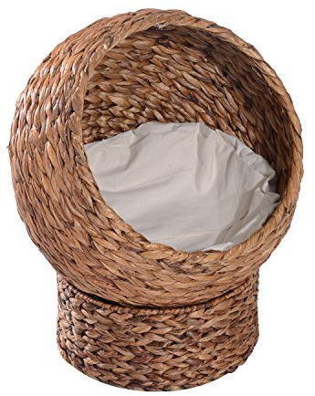 PawHut Rattan Katzenkorb Katzenhöhle Katzenhütte Katzenbett mit Kissen Haustierbett Wasserhyazinthe Braun 40 x 37 x 51 cm
