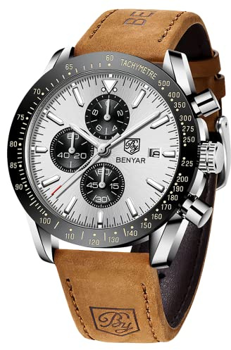 BENYAR Orologio da Uomo Cronografo Analogico Movimento al Quarzo Impermeabile Luminoso Moda Sportivo Affari Orologio da Polso Cinturino in Pelle Elegante Regalo per Uomo