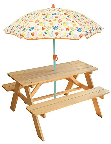Fun House Picknicktisch aus Holz und Sonnenschirm, Motiv Früchte, für Kinder | Tisch: H 53 x B 95 x T 75 cm und Sonnenschirm: H 125 x Ø 100 cm | Max. Gewicht: 2 x 30 kg | Geschenk für Kinder