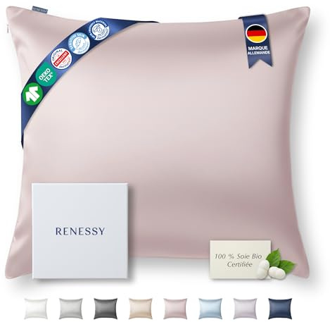 RENESSY Taie d'oreiller en Soie Bio 65x65 cm - 100% Soie de Mûrier Bio, 22 Momme, Naturellement Hypoallergénique, Favorise la Santé des Cheveux et de la Peau, 1 Pièce (Rose Céleste)