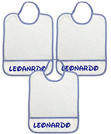 ALMATEX SRL 3 baberos personalizados con nombre, tamaño maxi, 29 x 36 cm, de rizo con elástico y bolsillo recogemigas personalizado con nombre, 100% algodón, fabricado en Italia, blanco y azul, cm