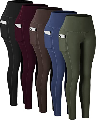 CHRLEISURE Leggings with Pockets for Women, High Waisted Tummy Control Workout Yoga Pants(5 Packs Black,Navy,Brown,Cassis,Green, L)