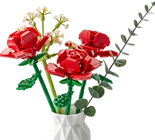 Blumen Bausteine Set, Künstliche Blumen Neueste kreative Heimdekoration Blumen DIY Bauspielzeugsets Bouquet Baustein Geburtstags Geschenke für Frauen Erwachsene/Teens (Rose)
