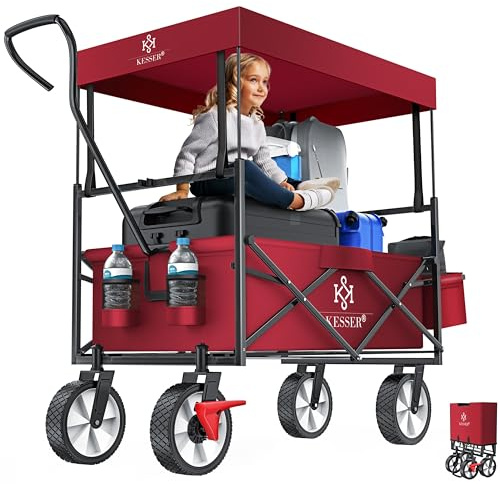 KESSER® Bollerwagen faltbar mit Dach Handwagen Transportkarre Gerätewagen klappbar mit 360° drehbare Vorder-Räder, Vorderrad-Bremse & Vollgummi-Reifen inkl. XXL Außen-Tasche, 2 Netztaschen & Abdeckung