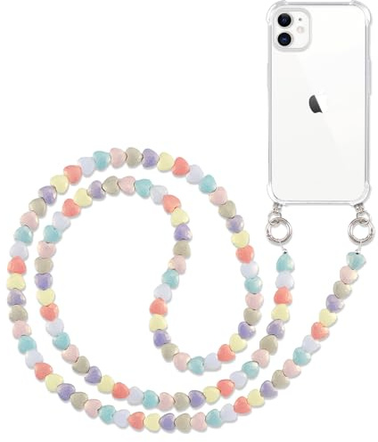 Pnakqil Handykette mit Perlenkette für iPhone 11 6.1 Hülle Schultergurt mit Band zum Umh?ngen Schnur Handyhülle Kette Handy Umh?ngeband Transparent TPU Silikon Case,Herz