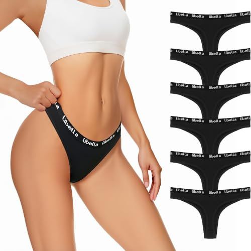 Lakpoau Damtrosor i bomull stringsport stretch tanga låg midja andas bekväm uppsättning med 6 damunderkläder, S–XL, svart, M