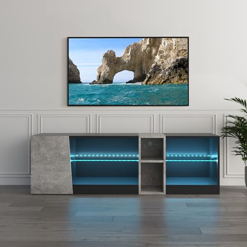 Mondeer Meuble TV, Support Télé LED avec 5 Compartiments et 1 Porte, pour TV de 55 Pouces, pour Salon Chambre à Coucher, W140 x H45 x D37,5 cm, Noir et Gris