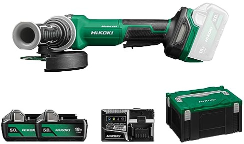HIKOKI Akku Winkelschleifer G1813DVF (18V, 2x5,0 Ah Li-ion Akku, Schleifscheiben Ø:125 mm, Antriebsspindel:M14, Brushless Motor, Leerlaufdrehzahl:3200-8000 min-1,) Zubehör komplett im HSCIII Koffer