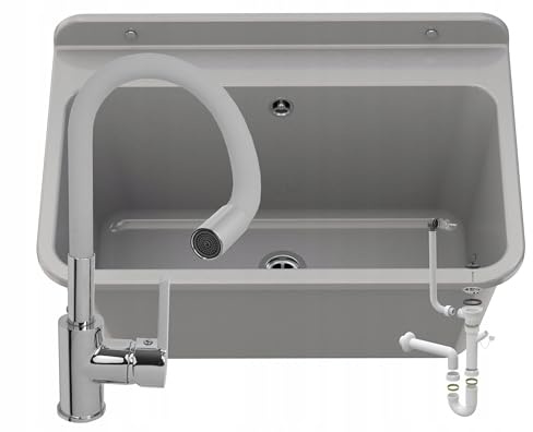 Granitan Ausgussbecken, FLEX Waschtischbatterie, 61x41x30 cm, Grau | Waschbecken Wandmontage aus Polypropylen, Universal Waschtrog mit Siphon, für Garage Keller Werkstatt