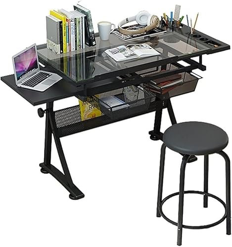 Verstellbarer Zeichentisch aus Glas, vielseitiger Kunststudientisch, mit Aufbewahrungsschubladen, Arbeitsstation für Kunststudio-Design, Skizzieren und Malen