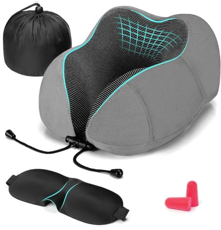 HOMIEE Almohada de viaje, Almohada Cervical de espuma con memoria de forma, cojín de soporte cerevical esencial para viajar, máscara de sueño, tapones para los oídos y bolsa de transporte, Gris+Negro,