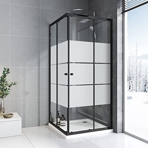Duschkabine Eckeinstieg mit Doppel Schiebetür 90 x 90 cm Gestreift Eckdusche Duschabtrennung Duschschiebetür 6 mm ESG Glas Dusche,Höhe 185 cm,Schwarz,Runder Griff