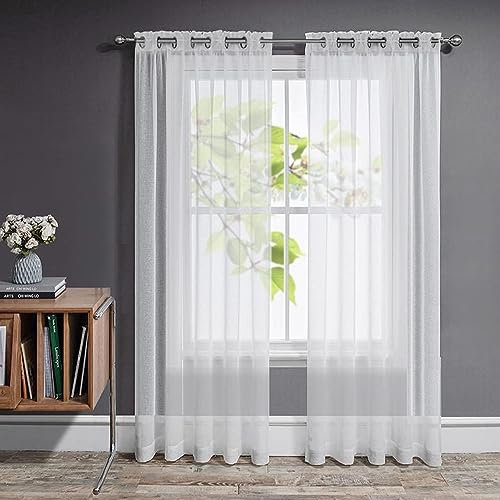 Joydeco Net Curtains for Windows 84 Inch Drop - 2 Panels, Woven Eyelet White Voile Sheer Curtains for Living Room Bedroom, Decorative Semi Transparent Long Window Treatment, 52x84 Inch, White