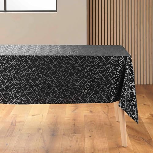 Douceur d'Intérieur, Nappe de Fête Rectangle (140 x 240 cm) Mikado Noir/Argent, Microfibre Imprimée