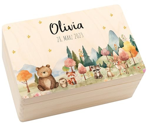 Geschenkfreude Erinnerungsbox Baby Personalisiert 30x20x14cm - Lichtung | UV-Druck, Baby Aufbewahrungsbox, Erinnerungskiste aus Holz, Geschenke zur Geburt, Taufgeschenk für Junge und Mädchen
