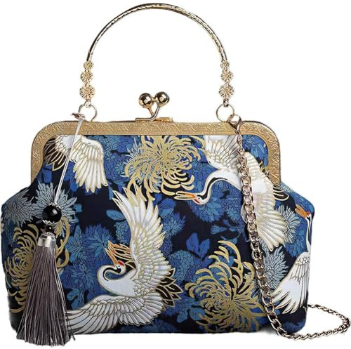 Ymxygz Bolso De Mano Estilo Mensajero con Cadena De Hombro Retro para Mujer, Bolso De Noche De Jacquard Bordado con Grulla De Estilo Chino, con Borla Y Colgante