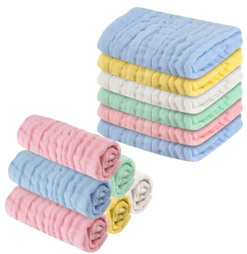 DASHUAIGE Confezione da 12 panni in mussola per bambini, 30,5 x 30,5 cm, in morbido cotone colorato, riutilizzabili, 6 strati di cotone per neonati