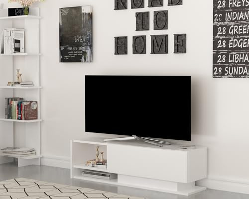 Hanah Home Modern White TV Stand, 120 cm, 100% Melamine Coated Particle Board, 18 mm Thick | Wall-Mountable, Multiple Shelves, Stylish & Functional Design