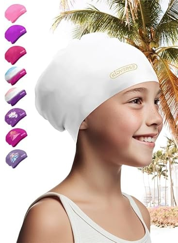KIDVERSE Badekappe Kinder Lange Haare - Schwimmhaube Kinder mit Anti-Rutsch-Noppen - Badekappen für Schwimmer mit UV Schutz - Schwimmhaube Mädchen - Badehauben für Lange & voluminöse Haare